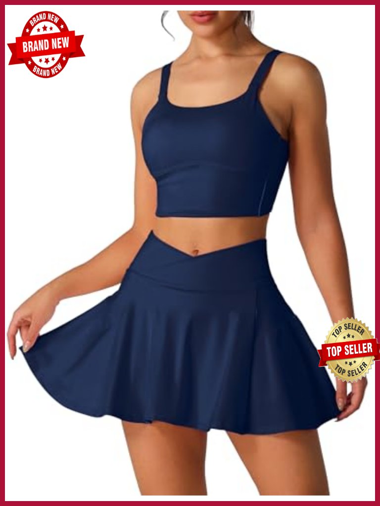 Two Piece Tennis Skirt Set With Sports Bra High Waisted Pleated Golf Workout
